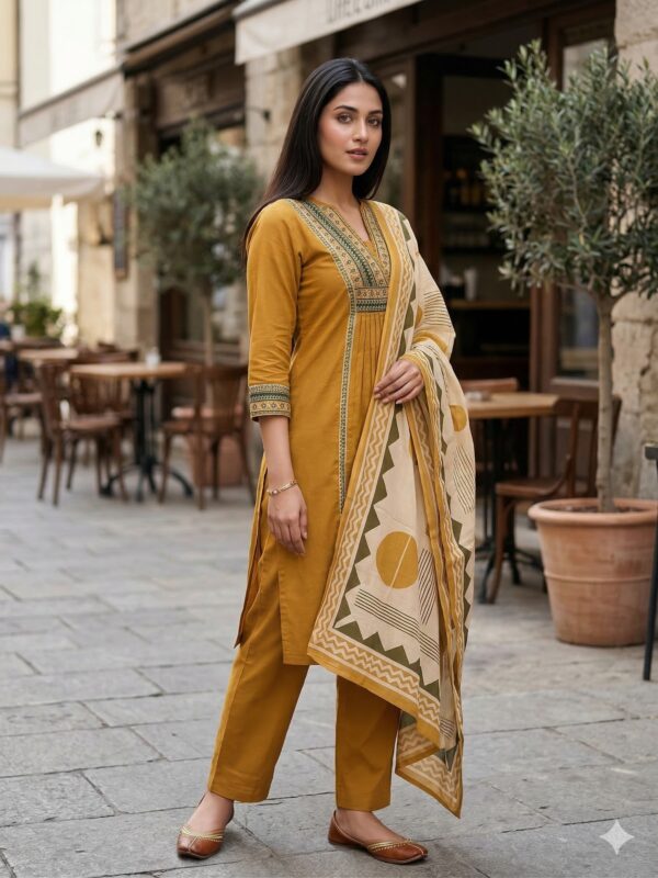 Mustard A-Line Kurti Set with Intricate Yoke Design and Printed Dupatta