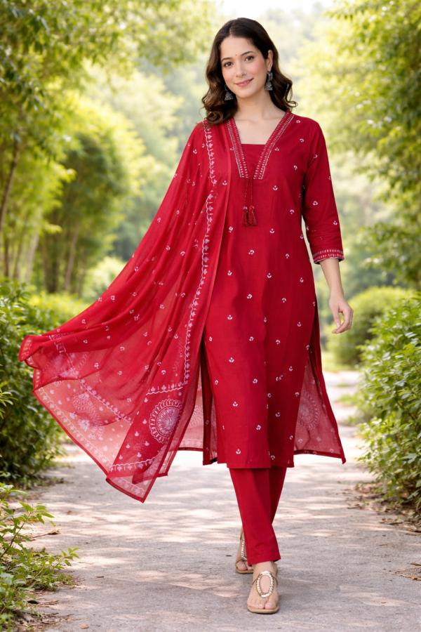 Crimson Bloom -Hand- Printed Kurta Set with Tassel Accents