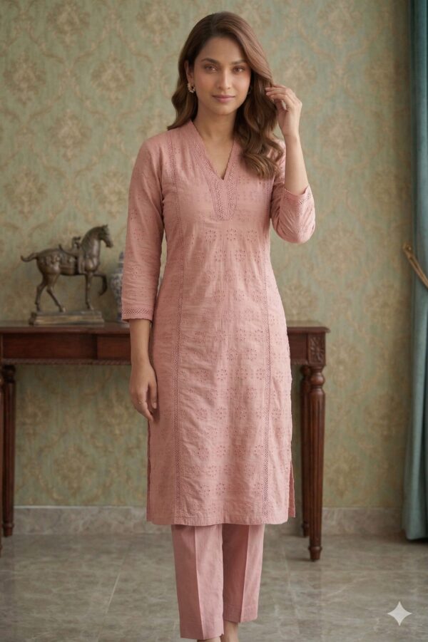 Peach Cotton Schiffli Co-Ord Set for Woman & Girls