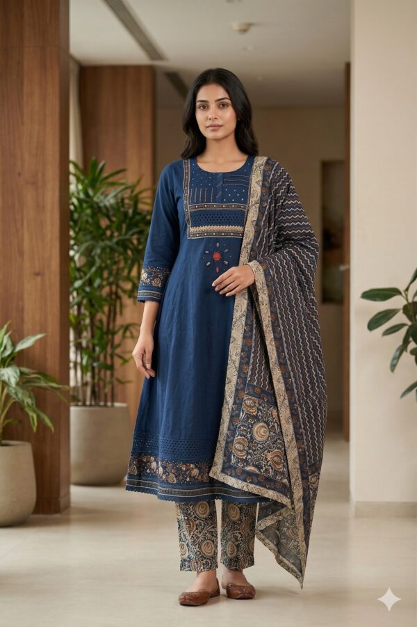 Blue Cotton Anarkali Set for Woman & Girls.