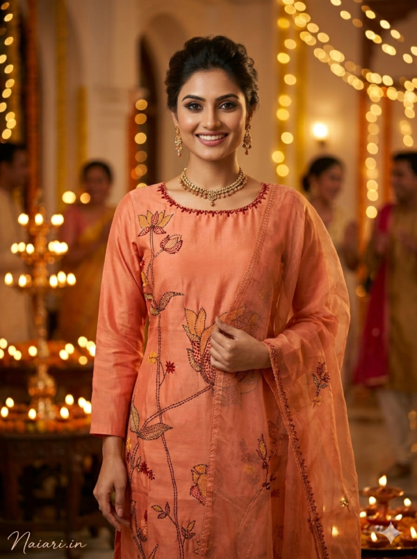 Peach Mal-Chanderi Katha Work 3 Piece Set