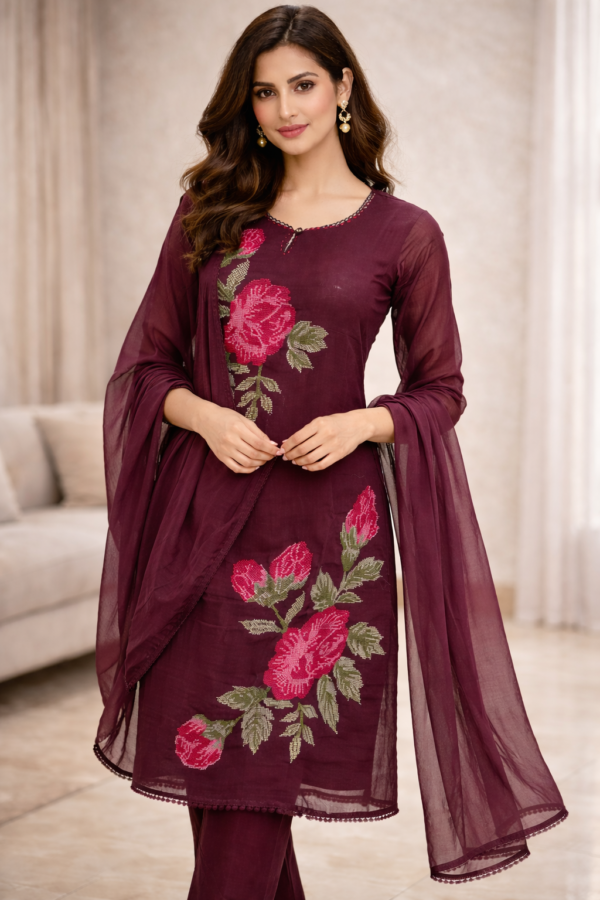 Wine Mal-Cotton Embroided Kurta & Pant Set with Dupatta