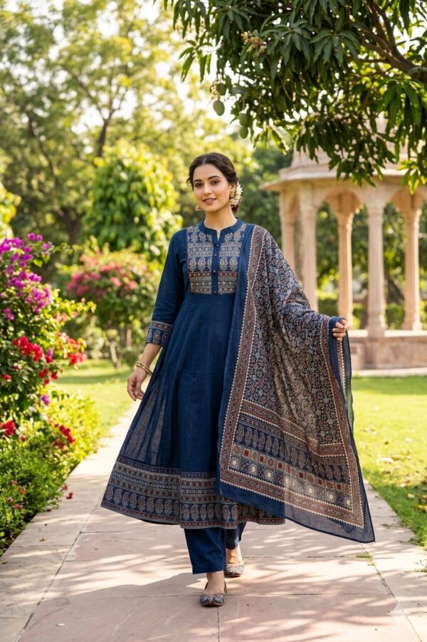 Blue Cotton Anarkali with Paisley Print Set for Woman & Girls.