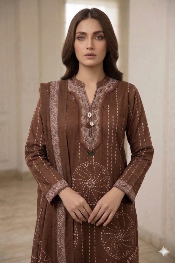 Brown Printed Cotton Kurti Pant Set with Dupatta.