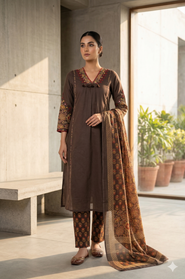 Dusty Brown Cotton Kurti Set with Dupatta for Woman & Girls