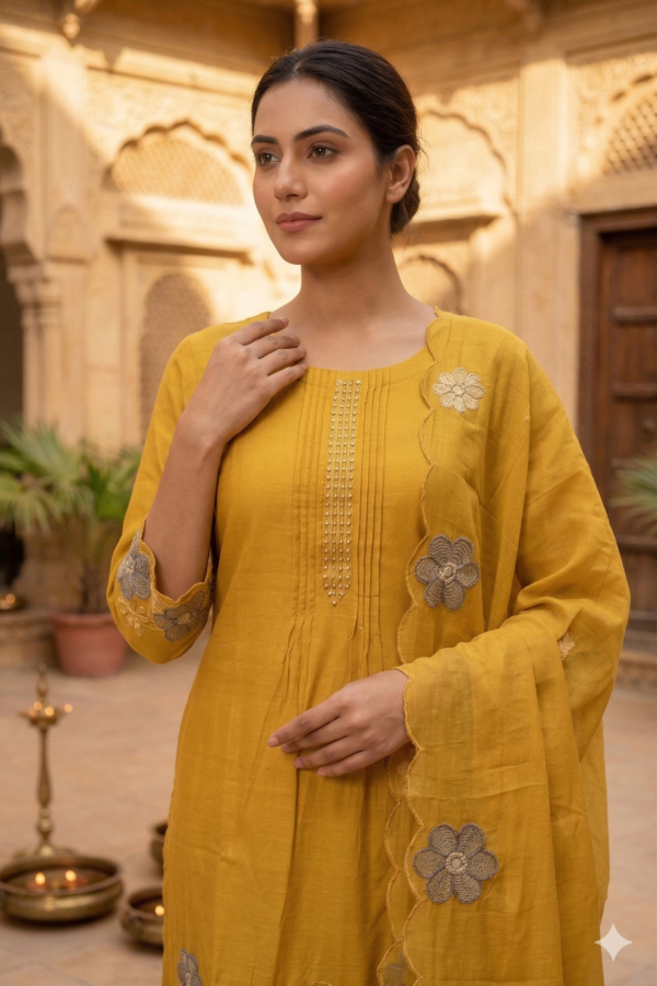 Mustard Mal-Chanderi Cotton Kurti Set with Dupatta for Woman & Girls.