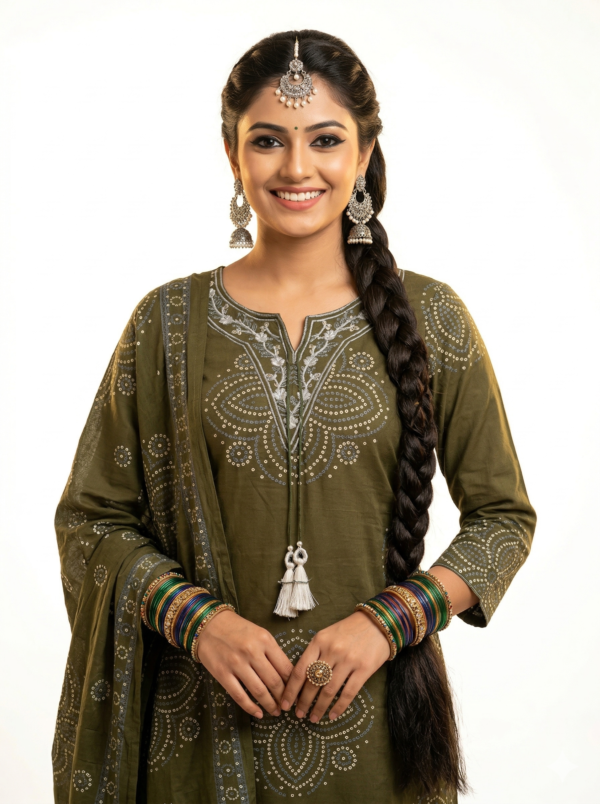 Mehandi Green Bandhej Print Kurta, Pant Set with Dupatta.