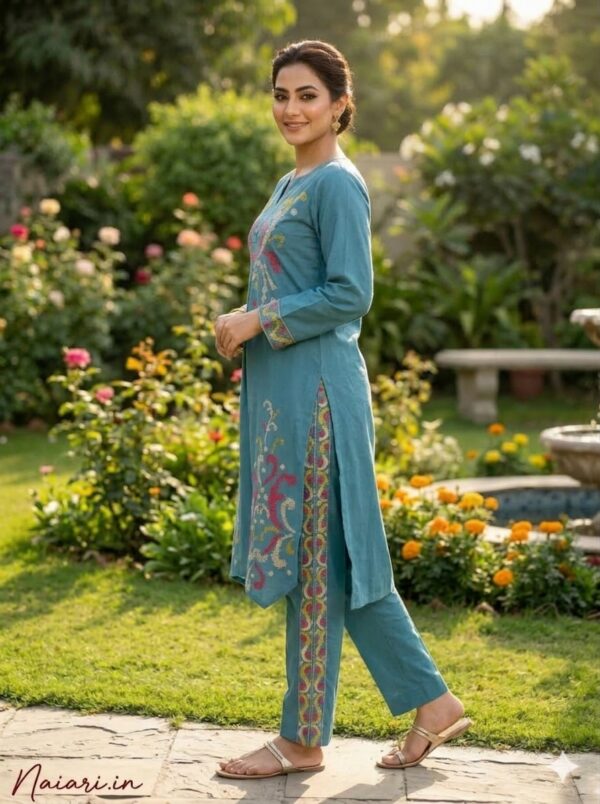 Powder Blue Beaded-Neckline Embroidered Set for Woman & Girls.